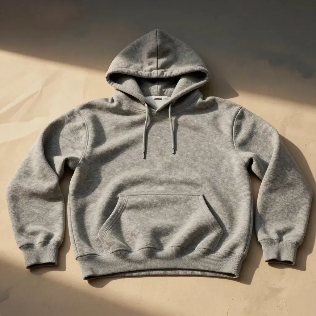 Grey hoodie and folded tee in a soft fleece pile with dramatic texture lighting.