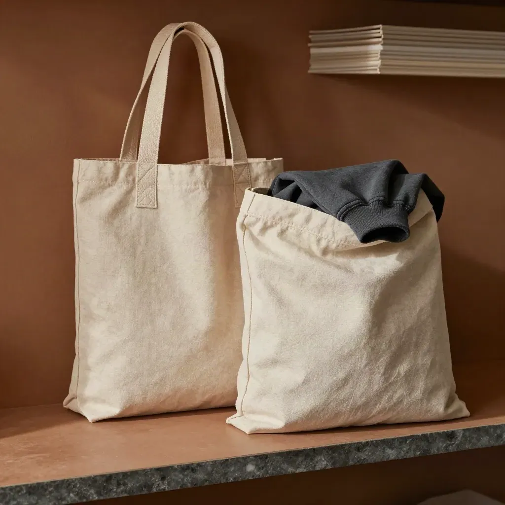 Two canvas tote bags with folded blanks on a warm neutral shelf