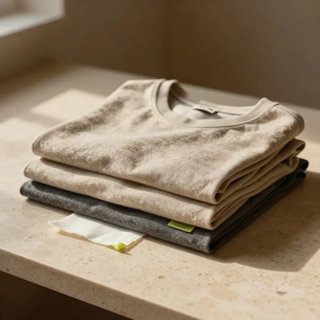 Three folded boxy tees on travertine with a subtle lime accent and soft haze