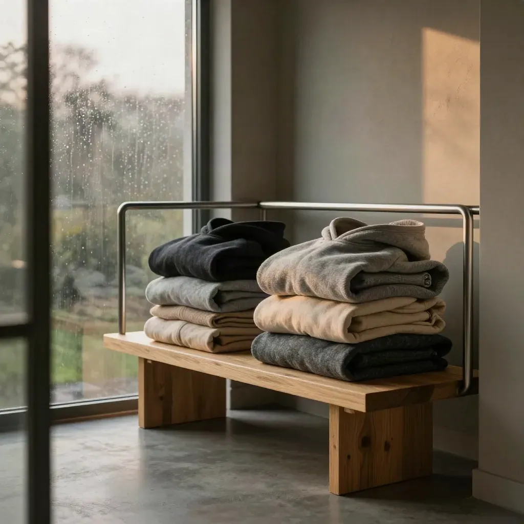 Stacked hoodies on a loft bench with rail, throw, and rainlit window